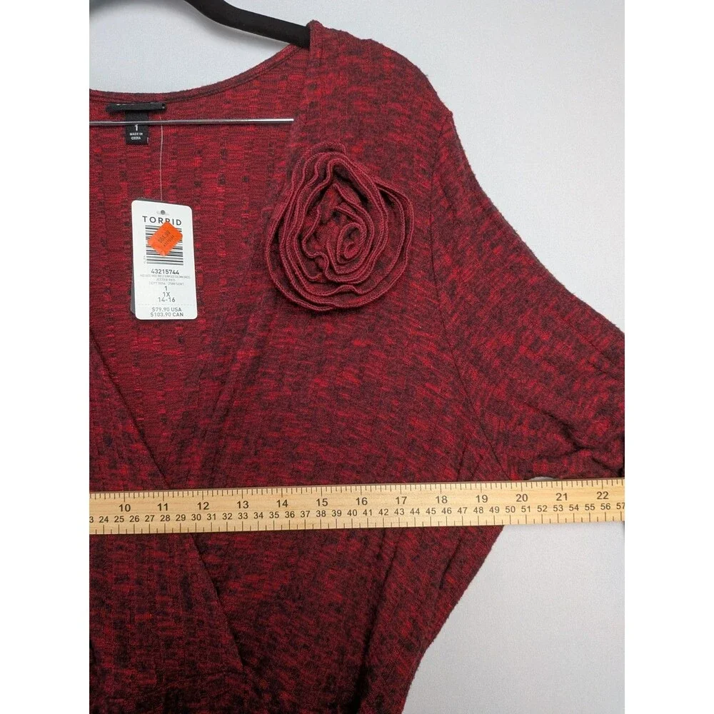 Torrid Midi Surplice Dress Size 1x 14-16 Red Knit Fabric Ribbed V Neckline Wrap - Picture 9 of 13